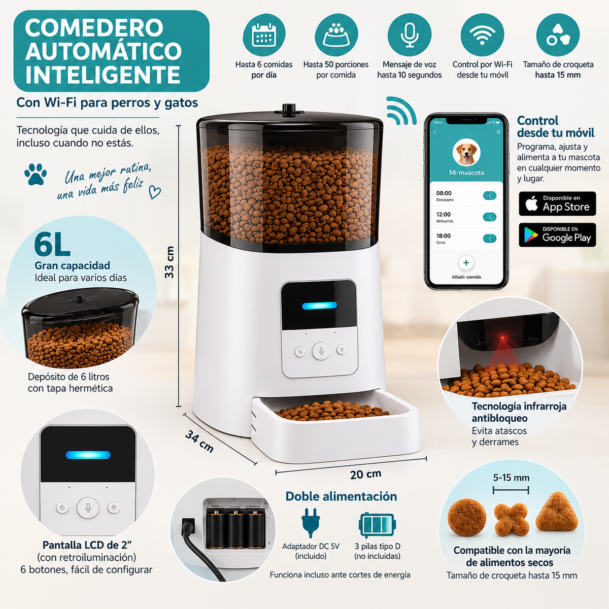 Comedor de perros y gatos con camara y wifi de 6L